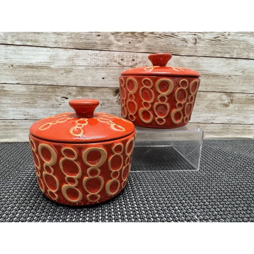 Set 2 Anthropologie Siena Mini Baking Dish or Trinket Dish Red Beige Circles NEW